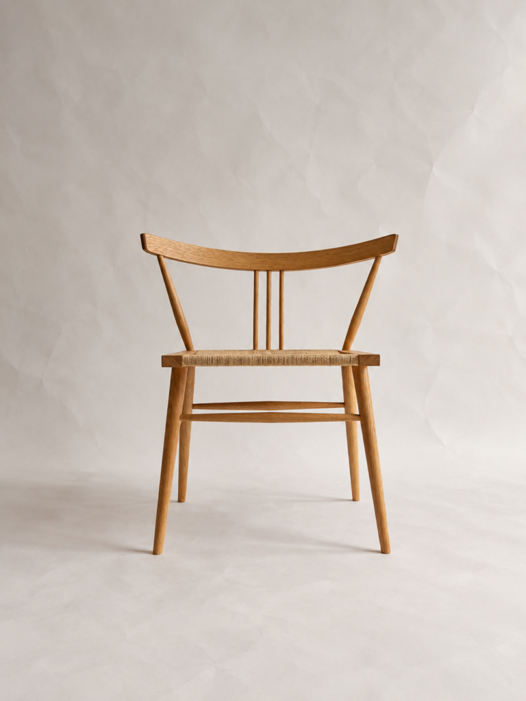 Front view of the Shibui Chair with spindle back and woven seat