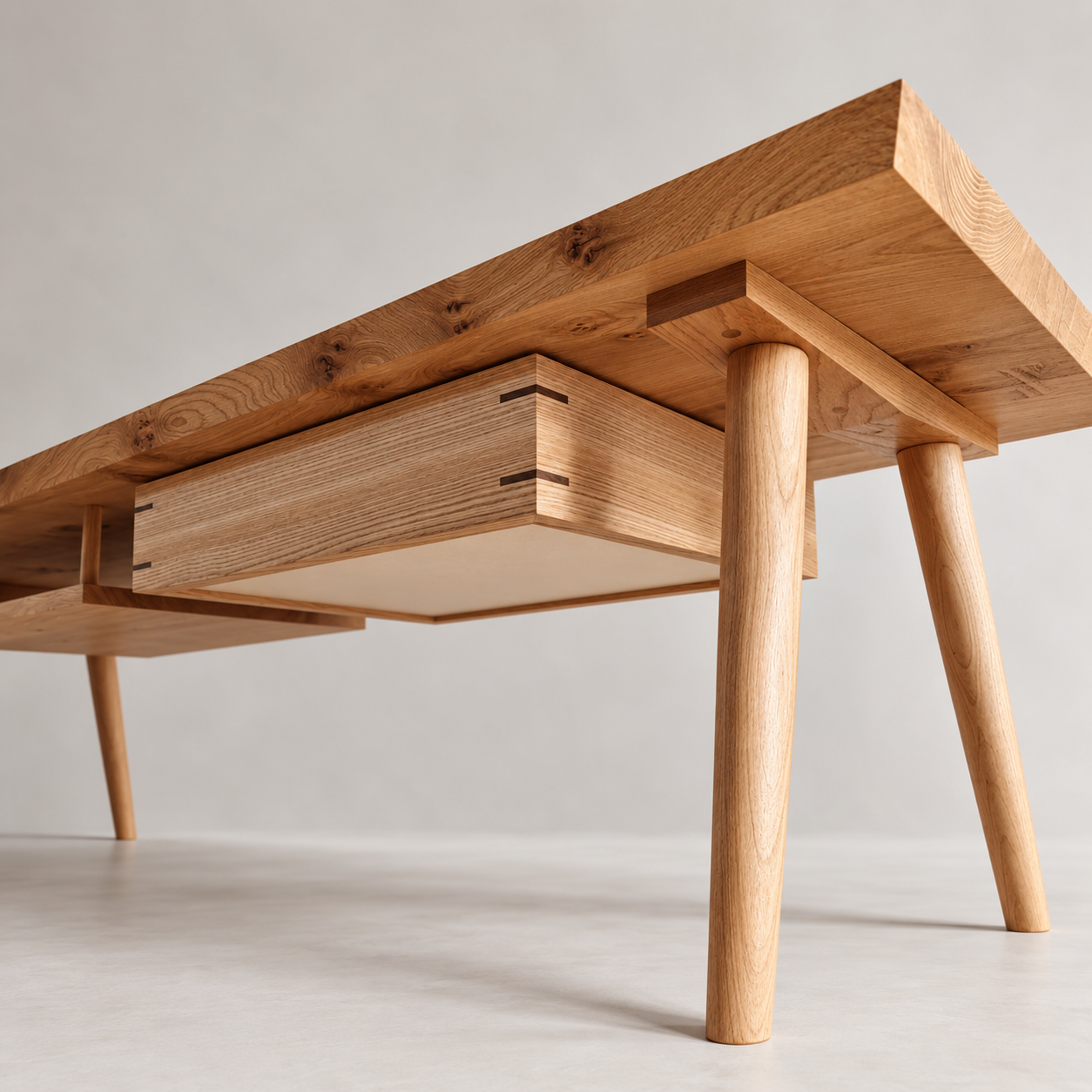 Low-angle view of the Shibui Coffee Table drawer and splayed leg