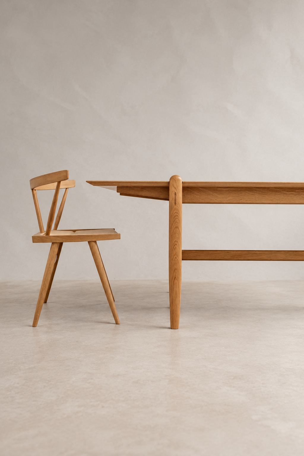 Shibui Table and wooden chair viewed from the side