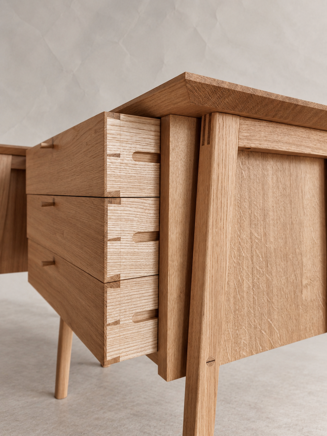 Timber cabinet corner with exposed drawer joints and a raised wooden top