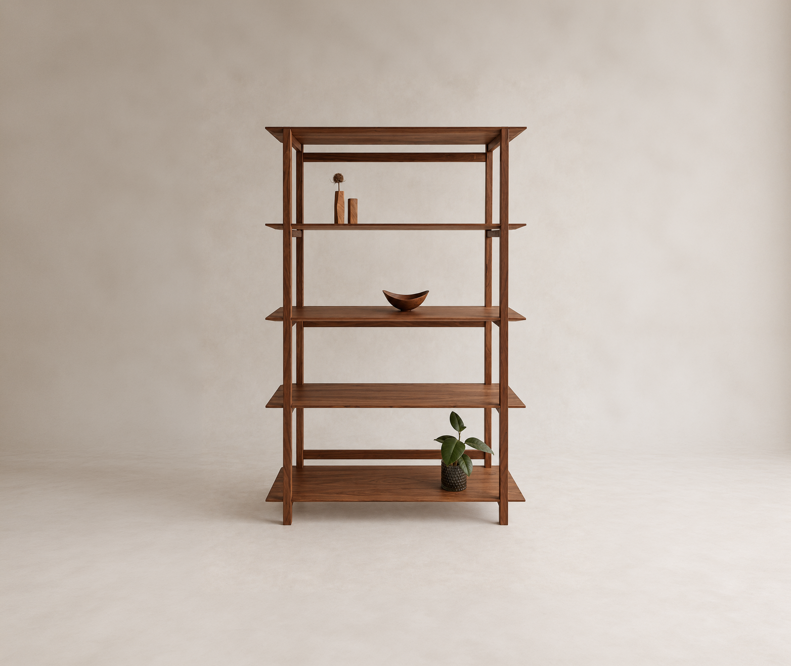 Full-height Ukiyo Shelving with open shelves, a bowl and a plant