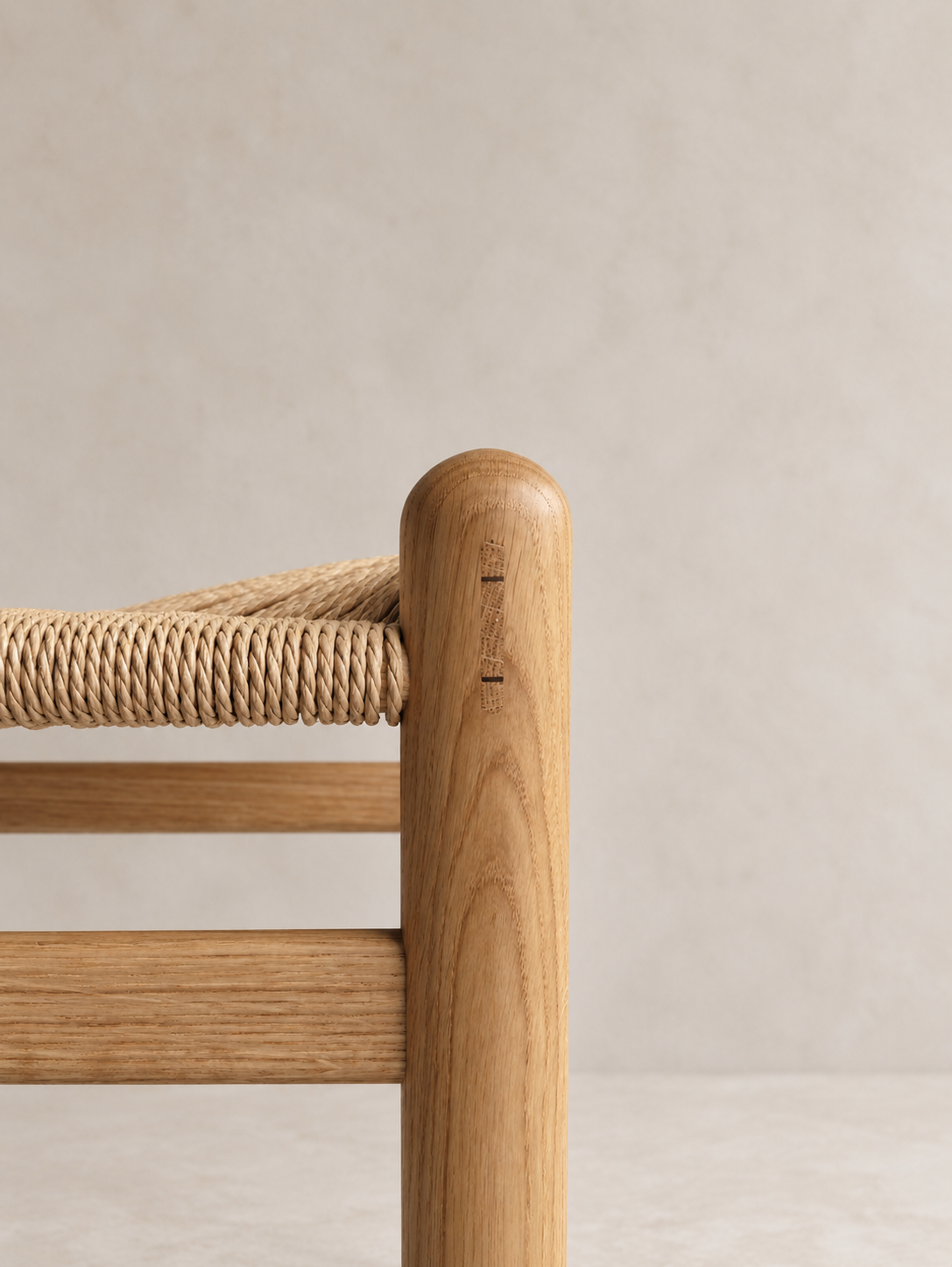 Pett Stool rounded leg and woven Danish cord seat detail